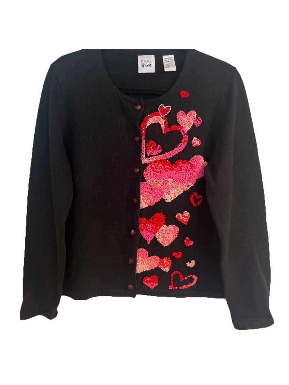 Emma Tricot Black Beaded Heart Sweater Heart Buttons Knit Cardigan Womens Sz M